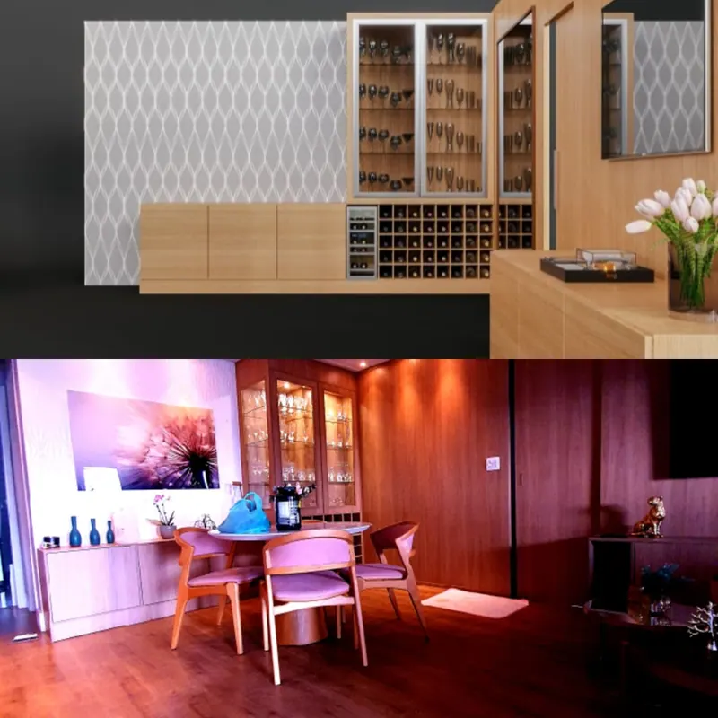 Em cima, o projeto em 3D do painel com adega e cristaleira; embaixo, a sala de jantar pronta com a cristaleira e o painel de madeira