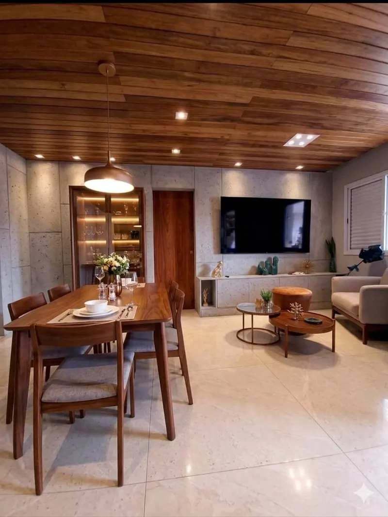 Sala de jantar e estar com forro de madeira, mesa de madeira e nichos iluminados